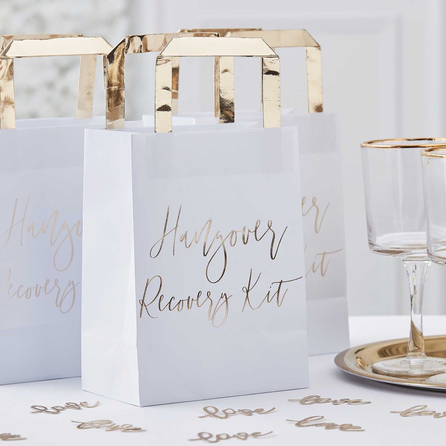 White & Gold Wedding Guests Hangover Recovery Kit Bags