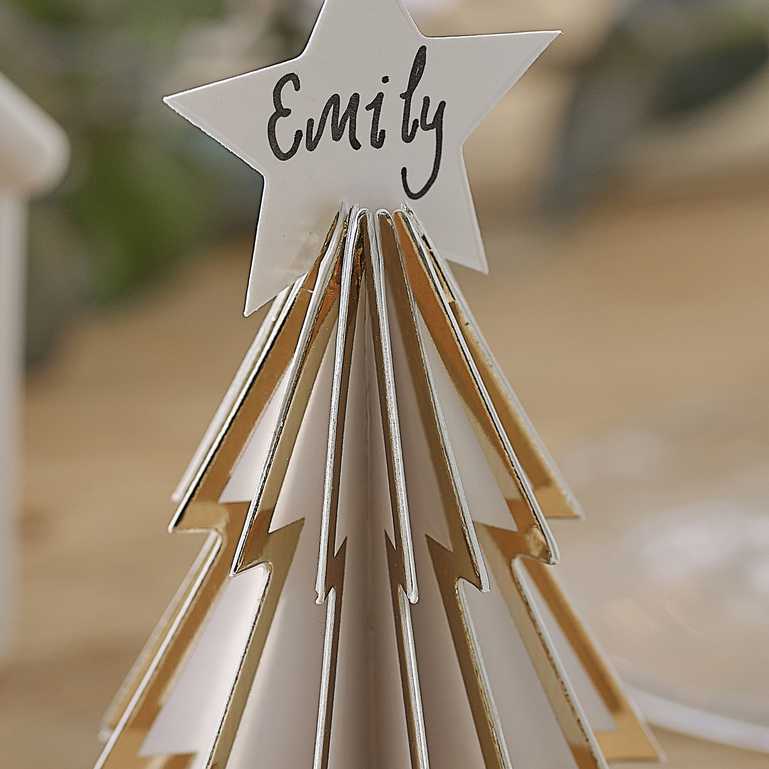 white and gold christmas tree name place cards
