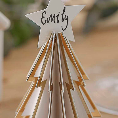 white and gold christmas tree name place cards