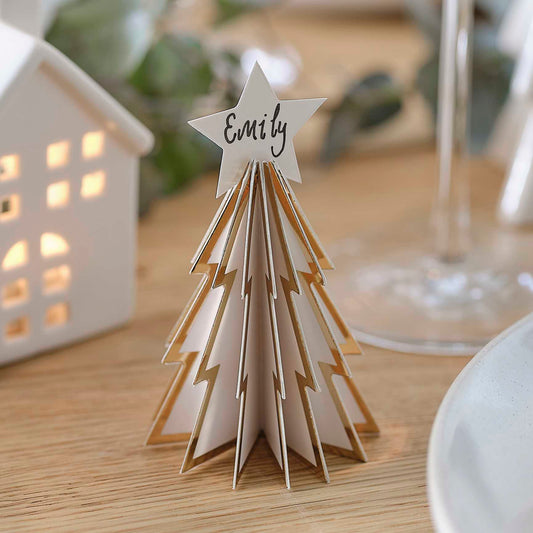 white and gold christmas tree name place cards