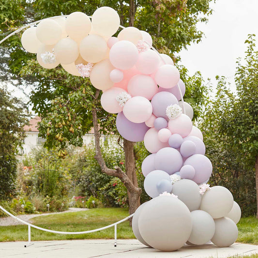 Luxe Pink, Lilac & Grey Balloon Garland With Flowers Hydrangeas