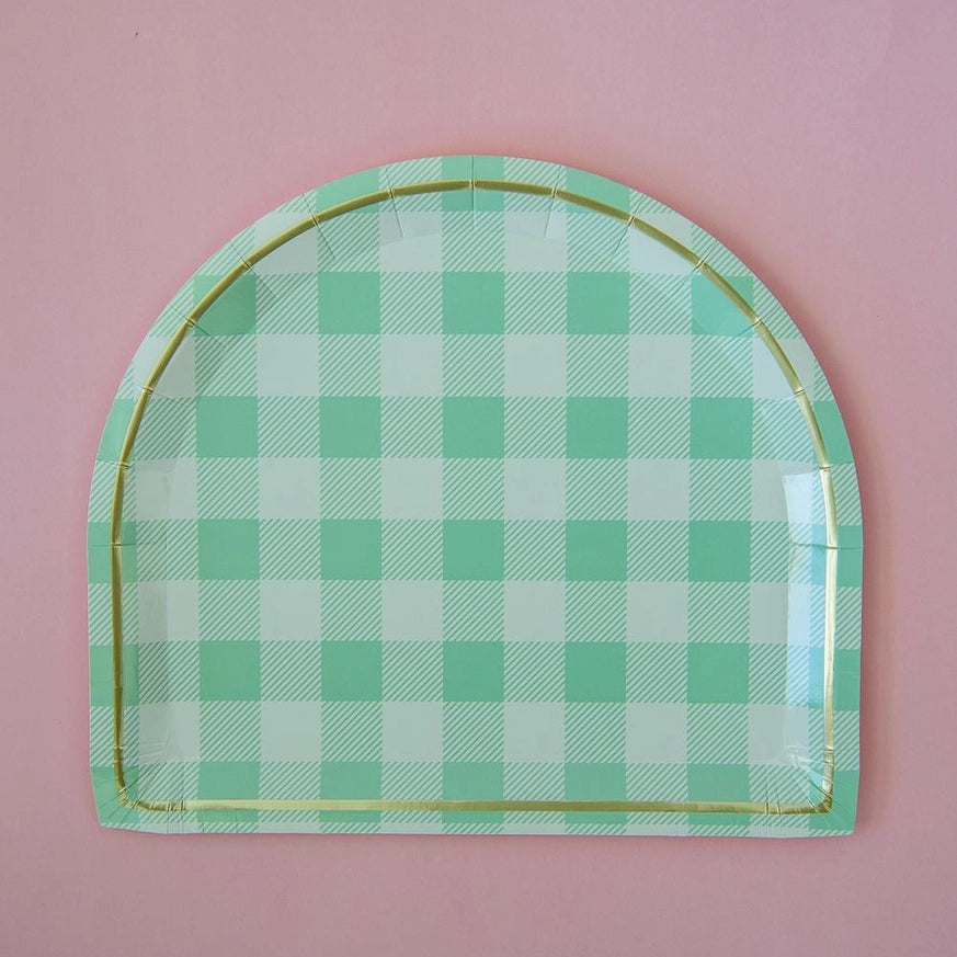 green gingham paper party plates for a cute garden cocktail party theme