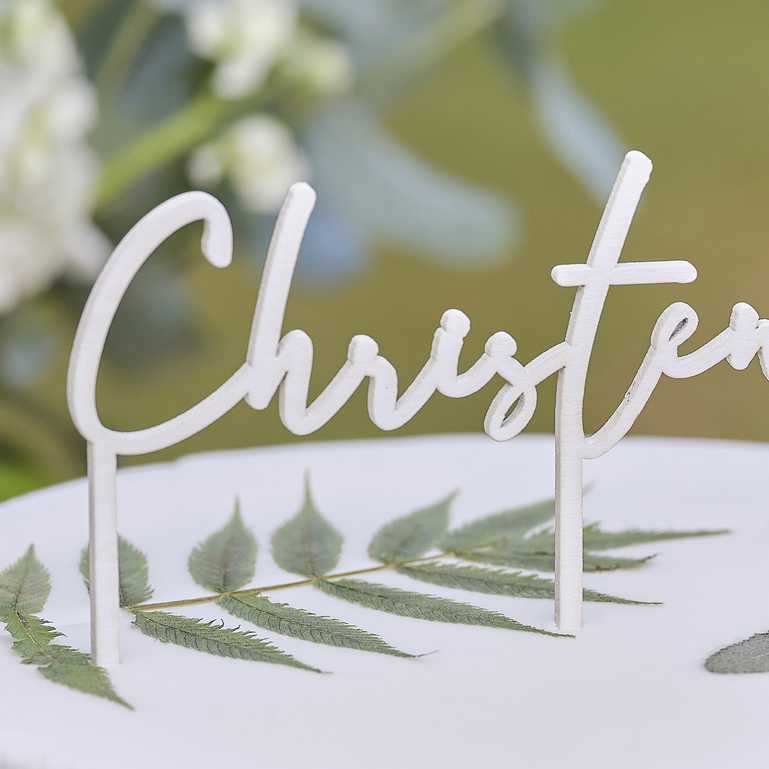 white wooden christening cake topper decoration