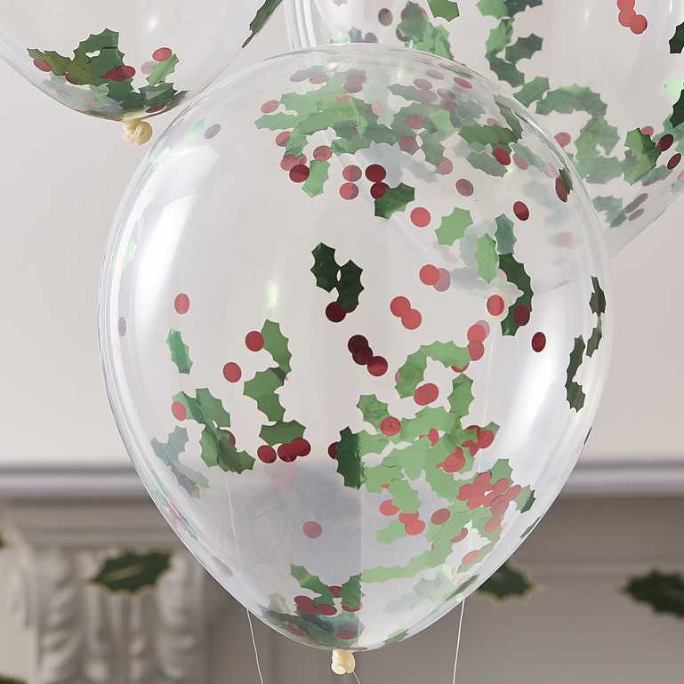 Christmas Holly & Berries Confetti Balloons Pk 5