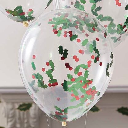 Christmas Holly & Berries Confetti Balloons Pk 5