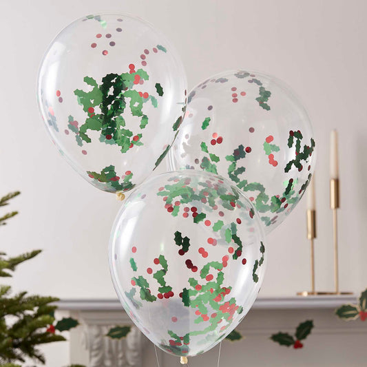 Christmas Holly & Berries Confetti Balloons Pk 5