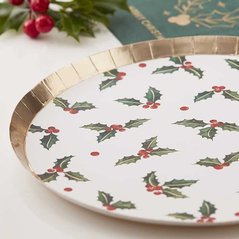 Christmas Holly Traditional Paper Party Plates Pk 8