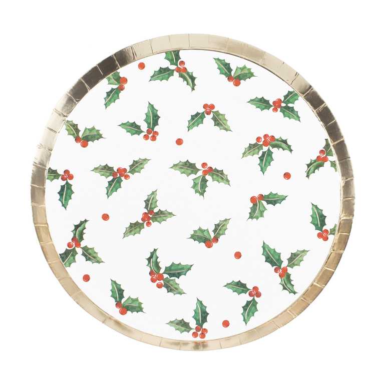 Christmas Holly Traditional Paper Party Plates Pk 8