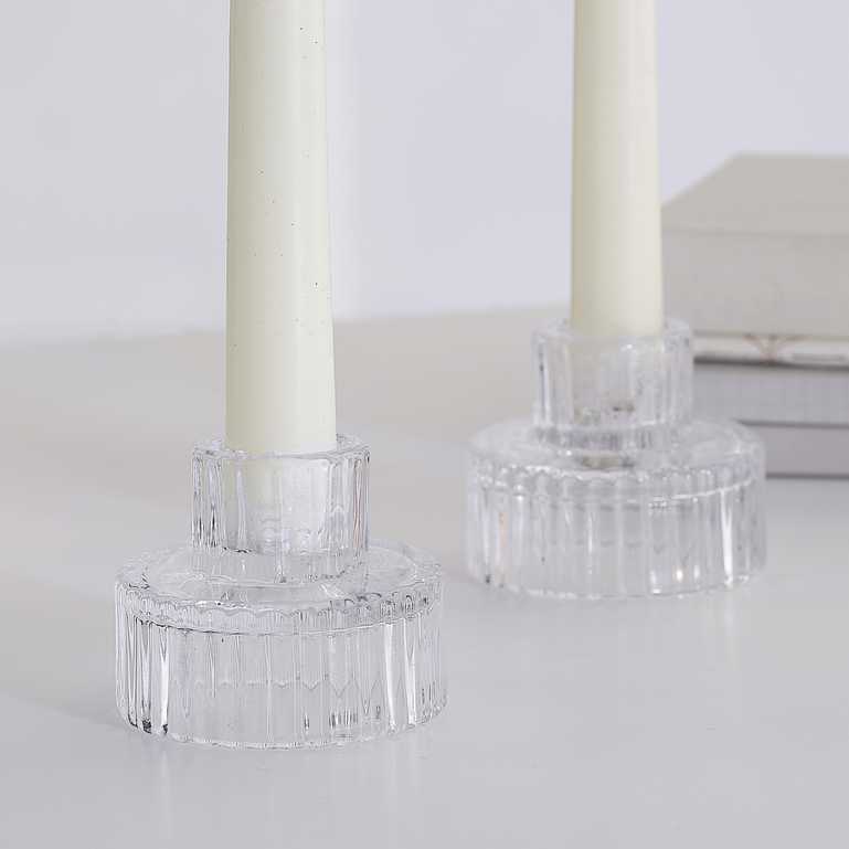 clear glass ribbed christmas candle stick holders