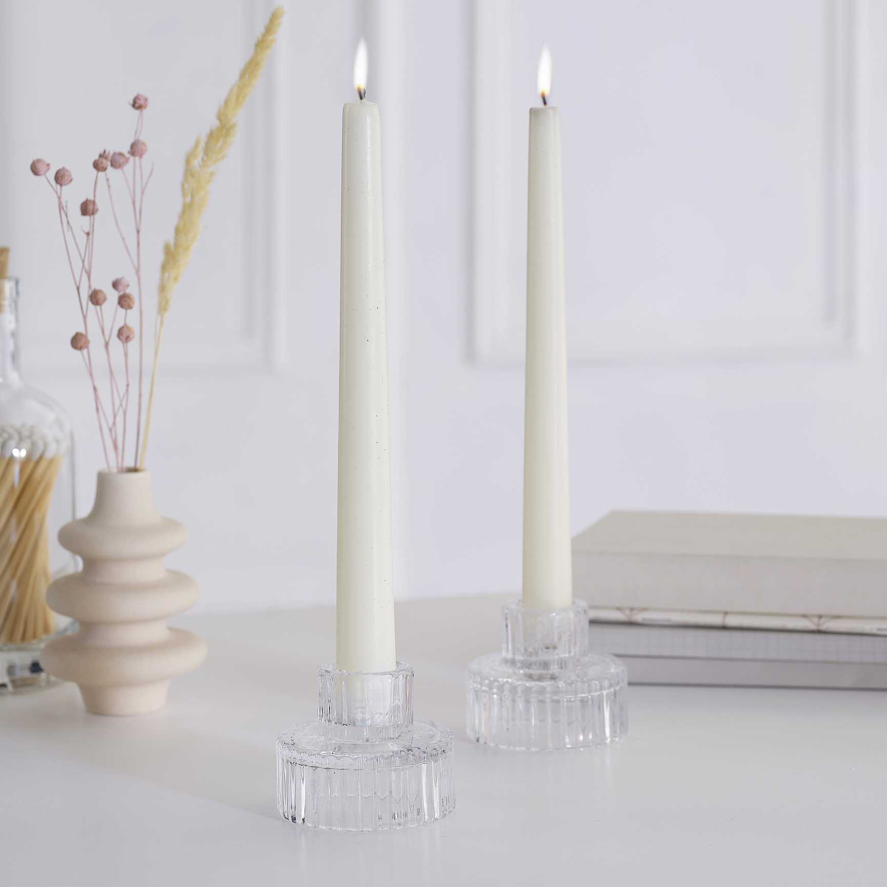 clear glass ribbed christmas candle stick holders