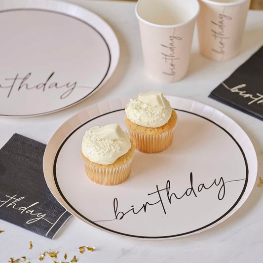 nude and black happy birthday paper party plates