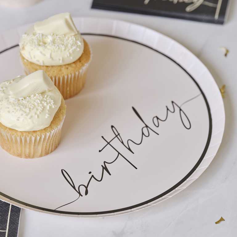 nude and black happy birthday paper party plates