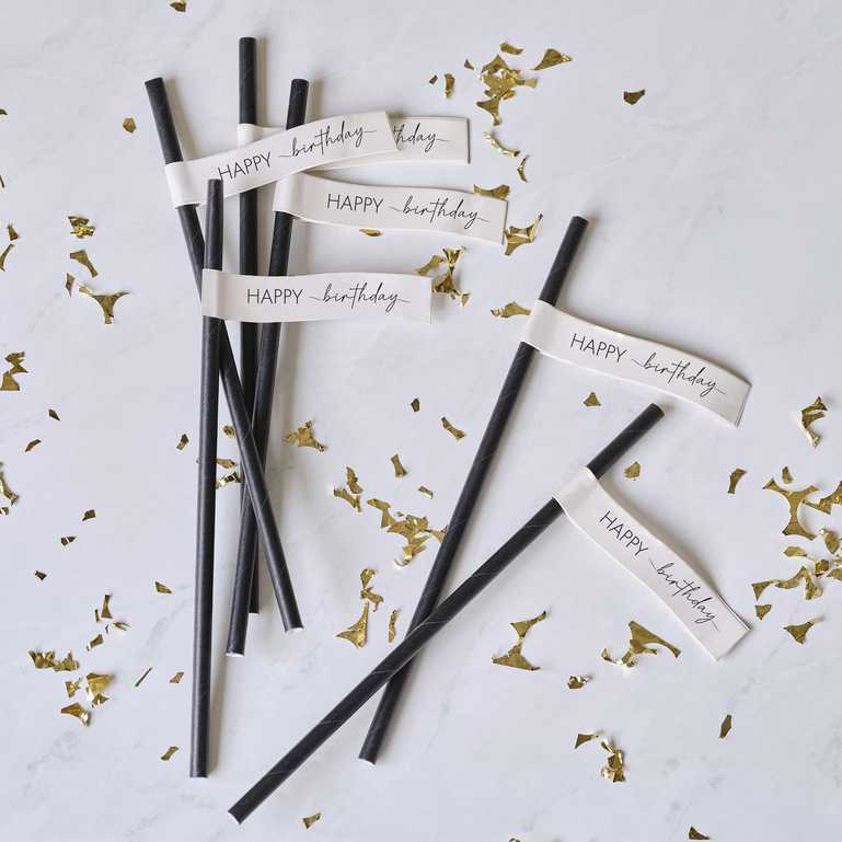 Nude & Black Champagne Noir Hapy Birthday Paper Party Straws