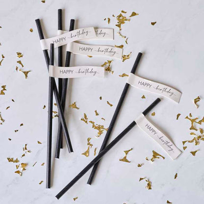 Nude & Black Champagne Noir Hapy Birthday Paper Party Straws