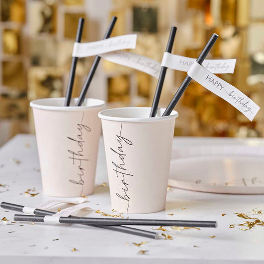 Nude & Black Champagne Noir Hapy Birthday Paper Party Straws