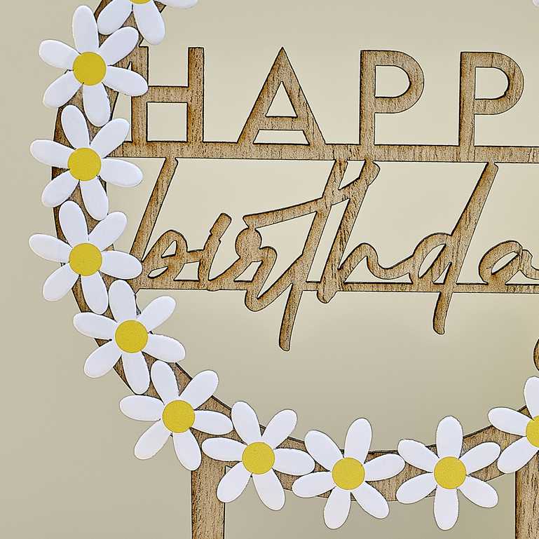 Wooden Daisy Flower Happy Birthday Cake Topper