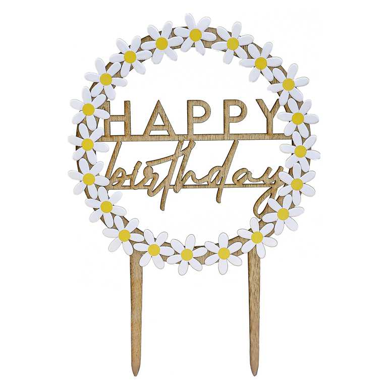 Wooden Daisy Flower Happy Birthday Cake Topper