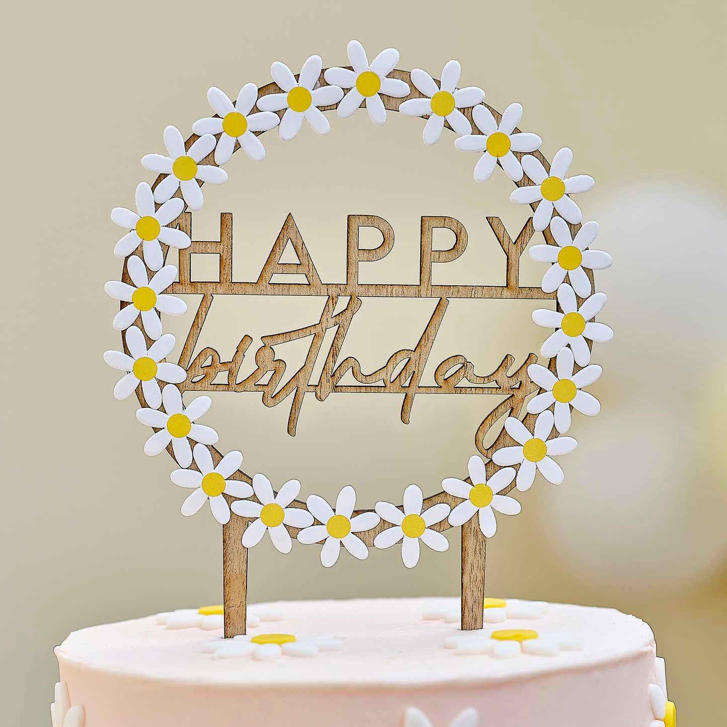 Wooden Daisy Flower Happy Birthday Cake Topper