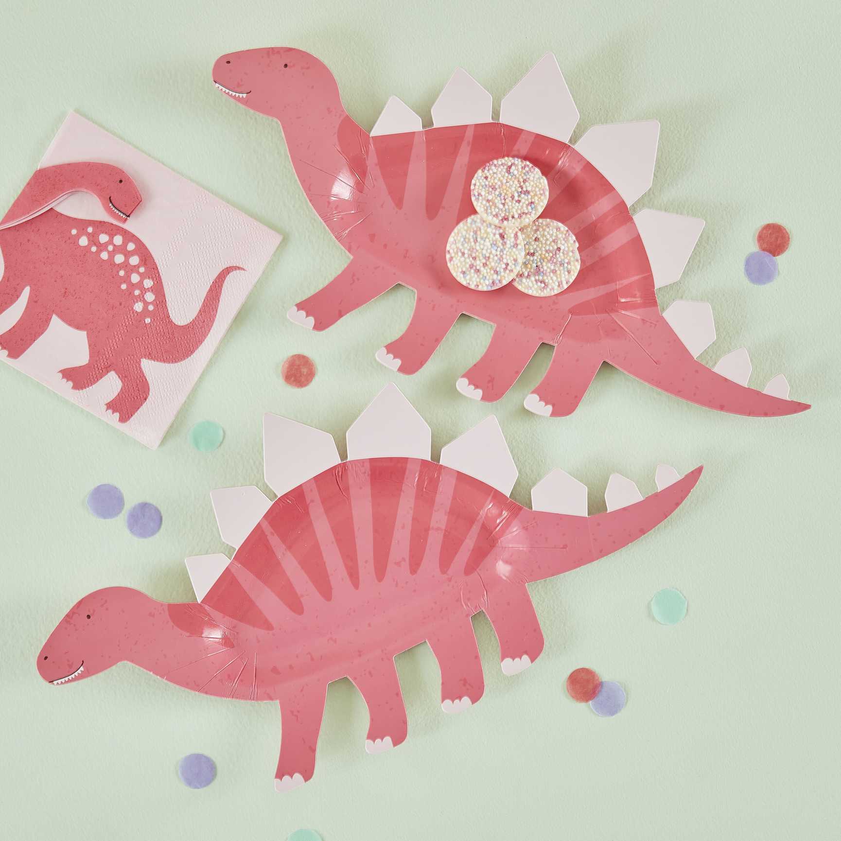 Pink dinosaur girls kids birthday party theme paper party plates shaped like dinosaurs