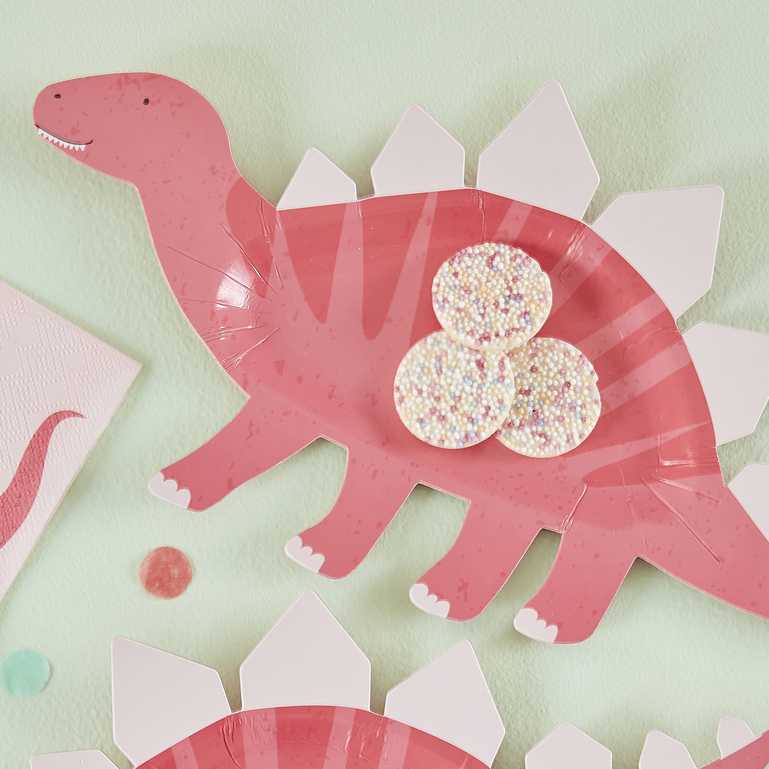 Pink dinosaur girls kids birthday party theme paper party plates shaped like dinosaurs