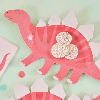 Pink dinosaur girls kids birthday party theme paper party plates shaped like dinosaurs