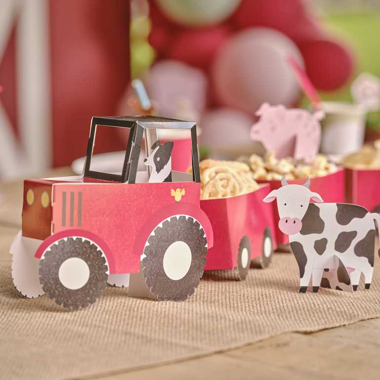 farm animal barnyard birthday party theme food tractor stand tray display 3d tractor made from card