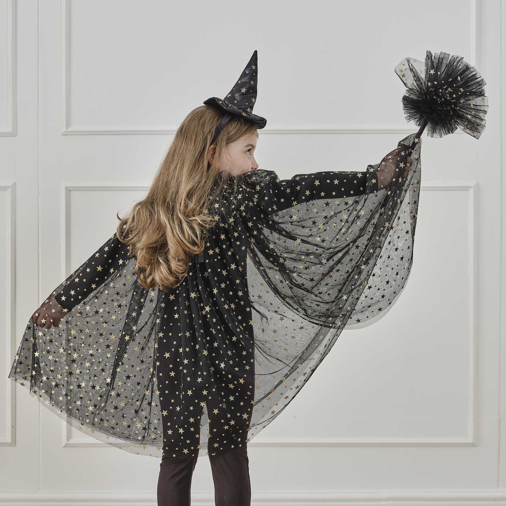 black gold star witch wizard halloween kids cape costume dress up party