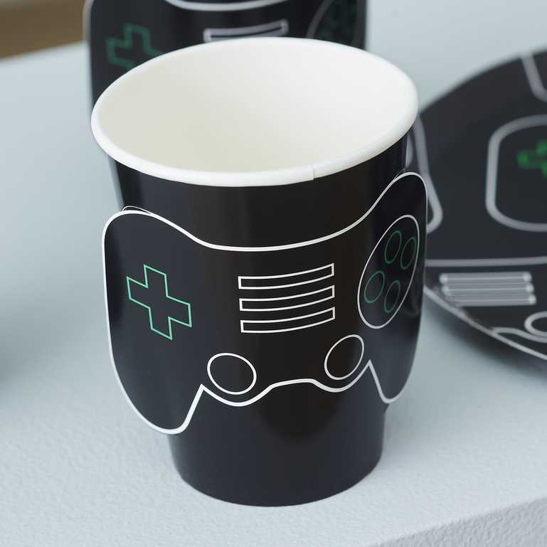 playstation or xbox themed paper party cups with pop out 3d design game controller for kids birthday parties