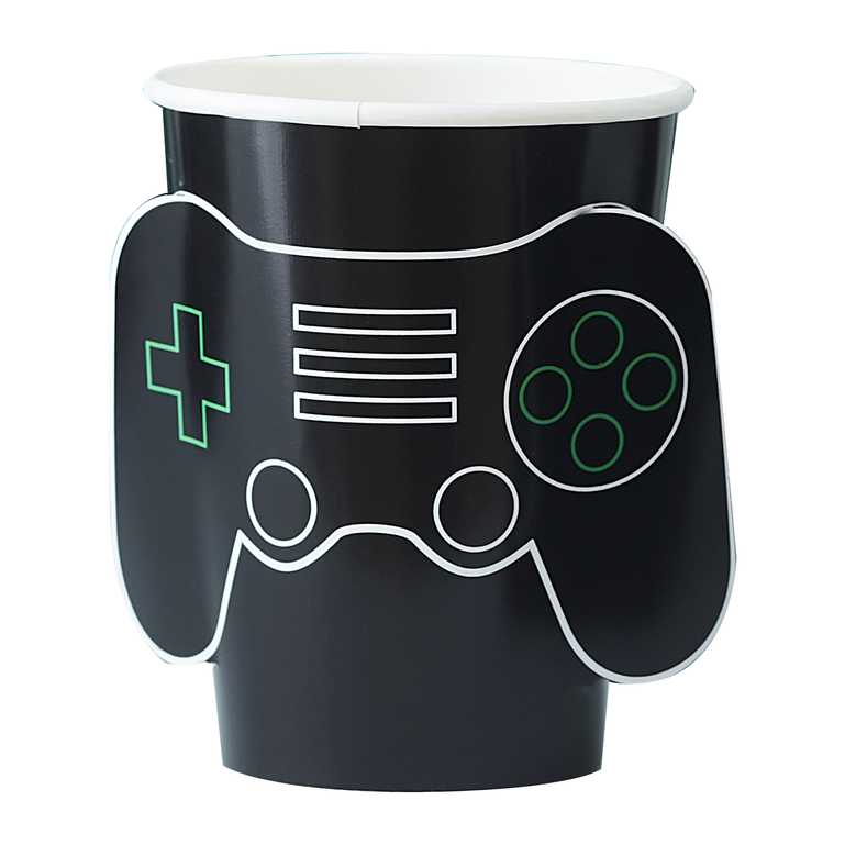 playstation or xbox themed paper party cups with pop out 3d design game controller for kids birthday parties