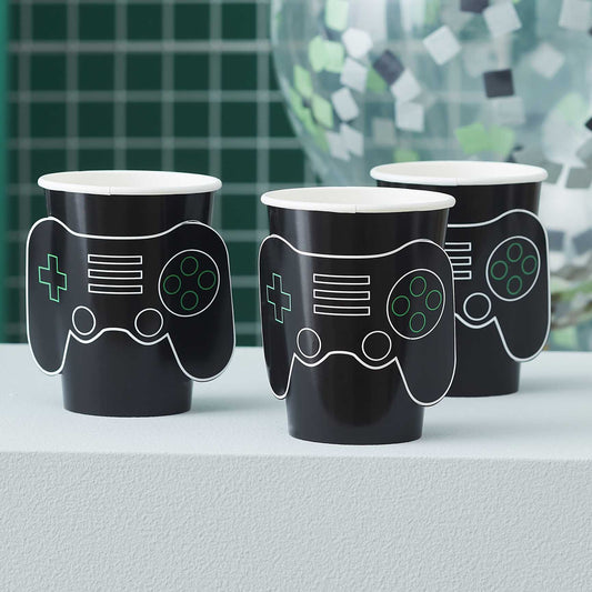 playstation or xbox themed paper party cups with pop out 3d design game controller for kids birthday parties