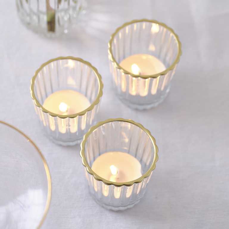 Glass Ribbed Tealight Candle Holder with Gold Rim