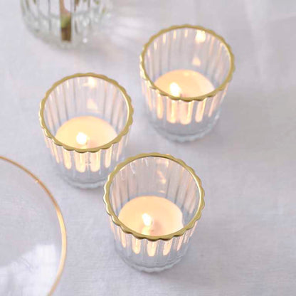 Glass Ribbed Tealight Candle Holder with Gold Rim