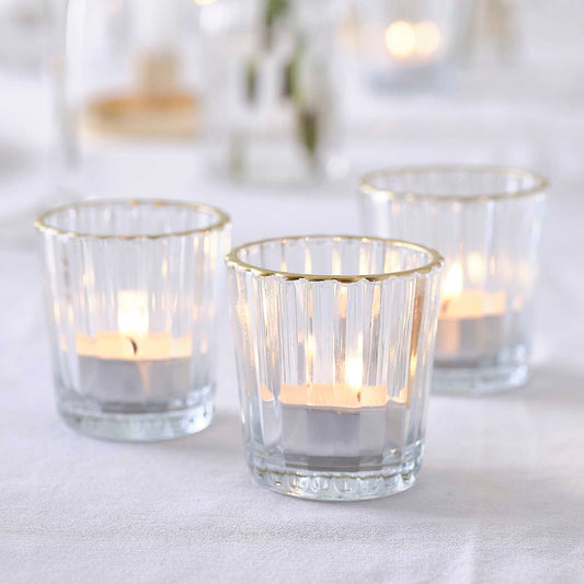 Glass Ribbed Tealight Candle Holder with Gold Rim