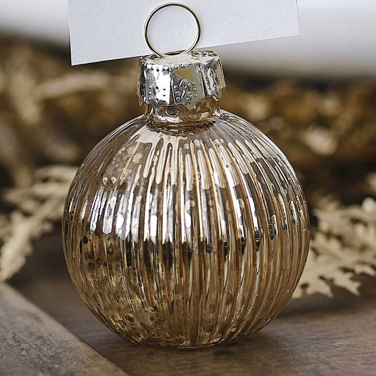 Gold Ribbed Glass Christmas Bauble Name Place Card Holder