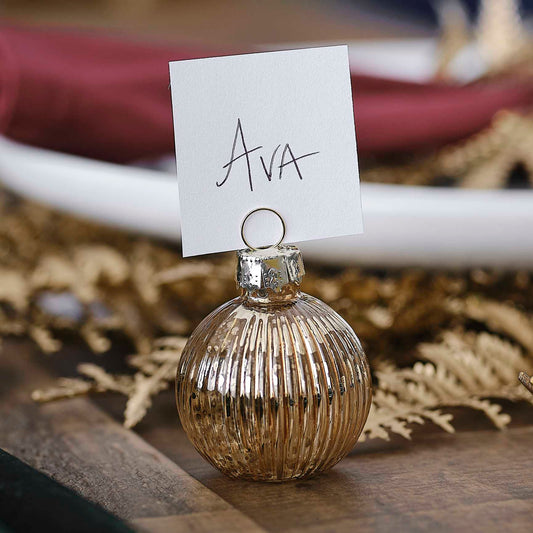 Gold Ribbed Glass Christmas Bauble Name Place Card Holder