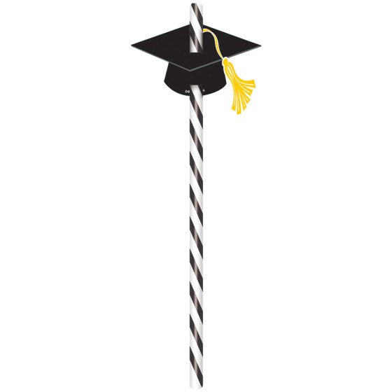 Black Graduation Hat Paper Party Straws Pk 12