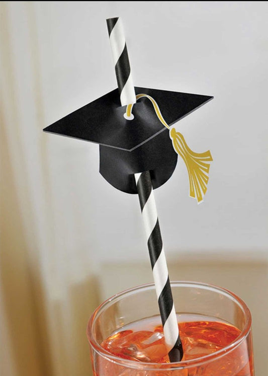 Black Graduation Hat Paper Party Straws Pk 12