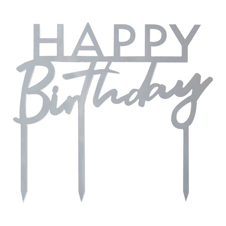 Silver Happy Birthday Acrylic Party Cake Topper