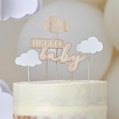 Wooden Hello Baby Clouds Baby Shower Cake Topper