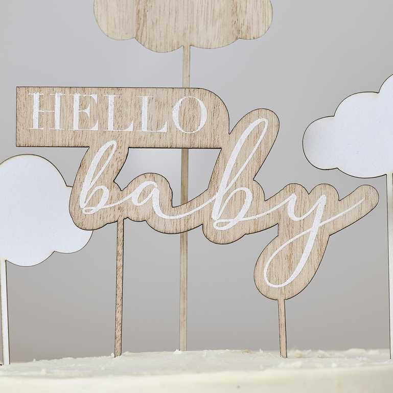 Wooden Hello Baby Clouds Baby Shower Cake Topper