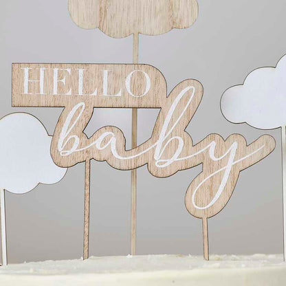 Wooden Hello Baby Clouds Baby Shower Cake Topper