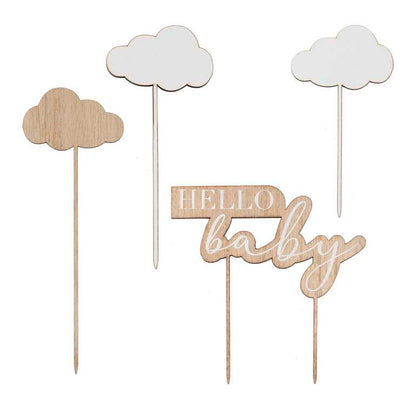 Wooden Hello Baby Clouds Baby Shower Cake Topper