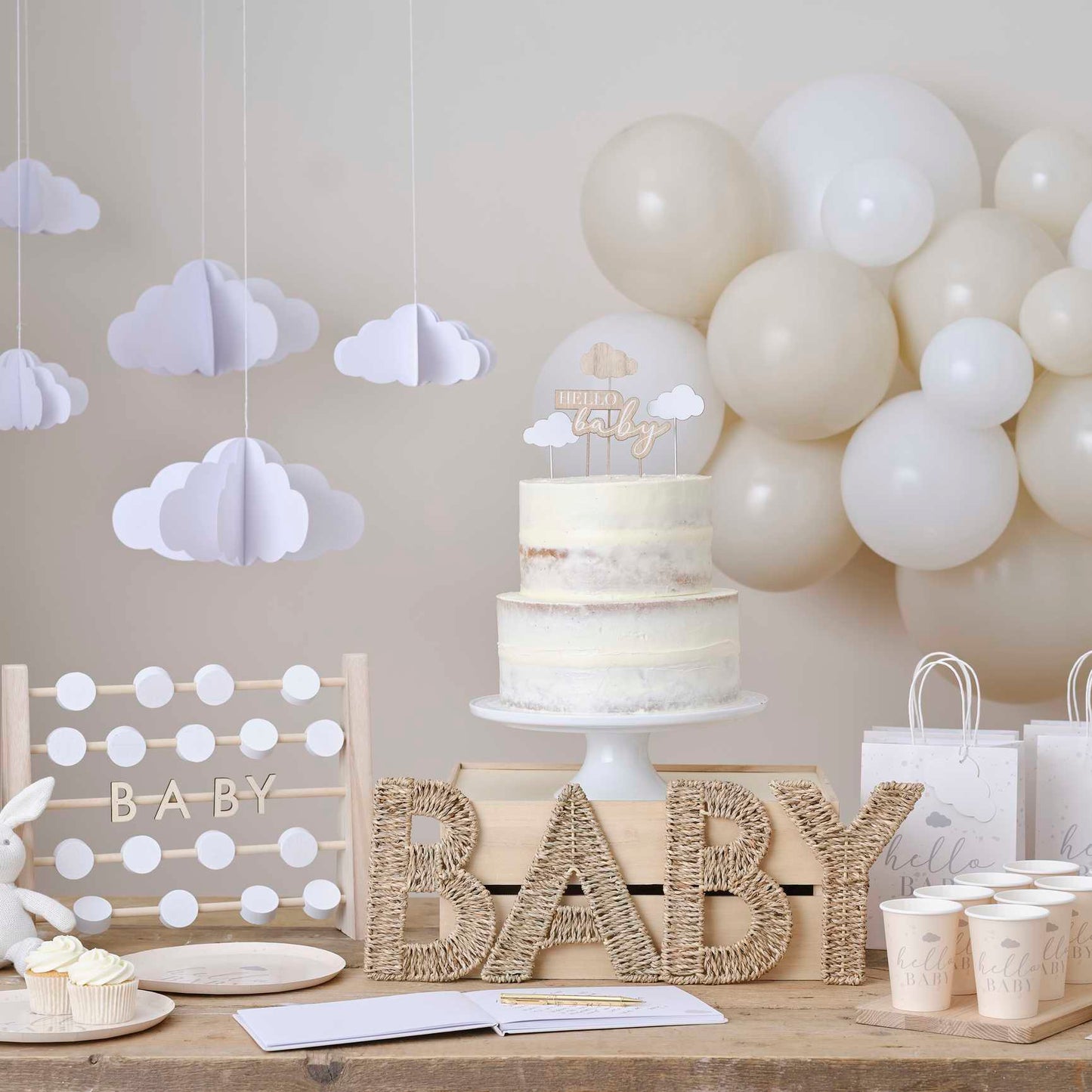 Wooden Hello Baby Clouds Baby Shower Cake Topper