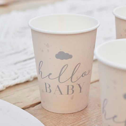 nude neutral cream hello baby gender neautral baby shower or gender reveal paper party cups