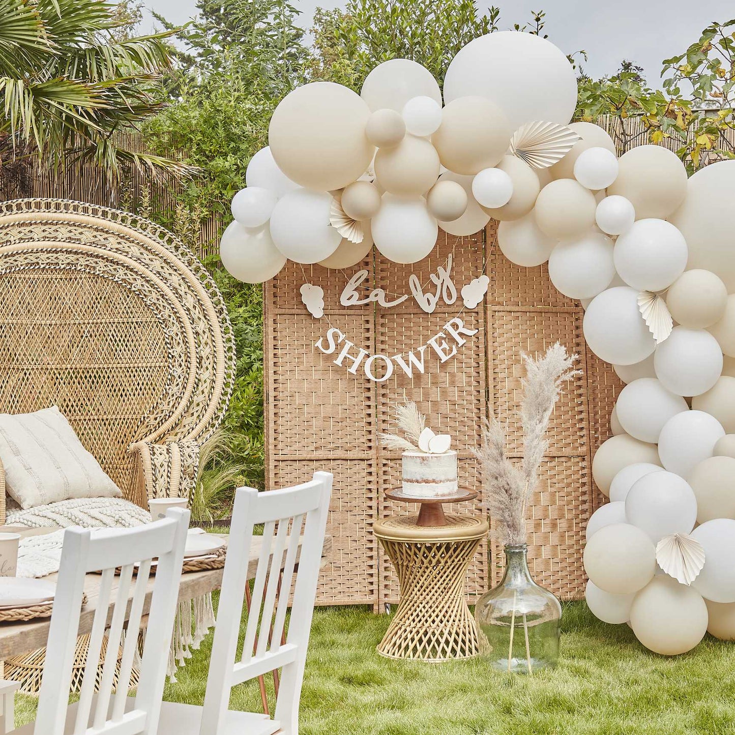 White & Nude Balloon Garland Arch Kit with Paper Fans