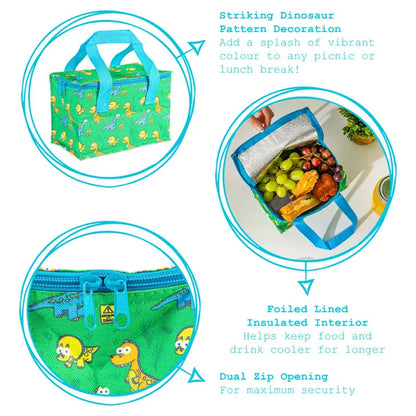 green dinosaur design kids childrens school daycare insulated lunch bag with carry handle