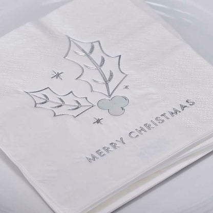 White & Silver Merry Christmas Paper Party Napkins Serviettes Pk 16