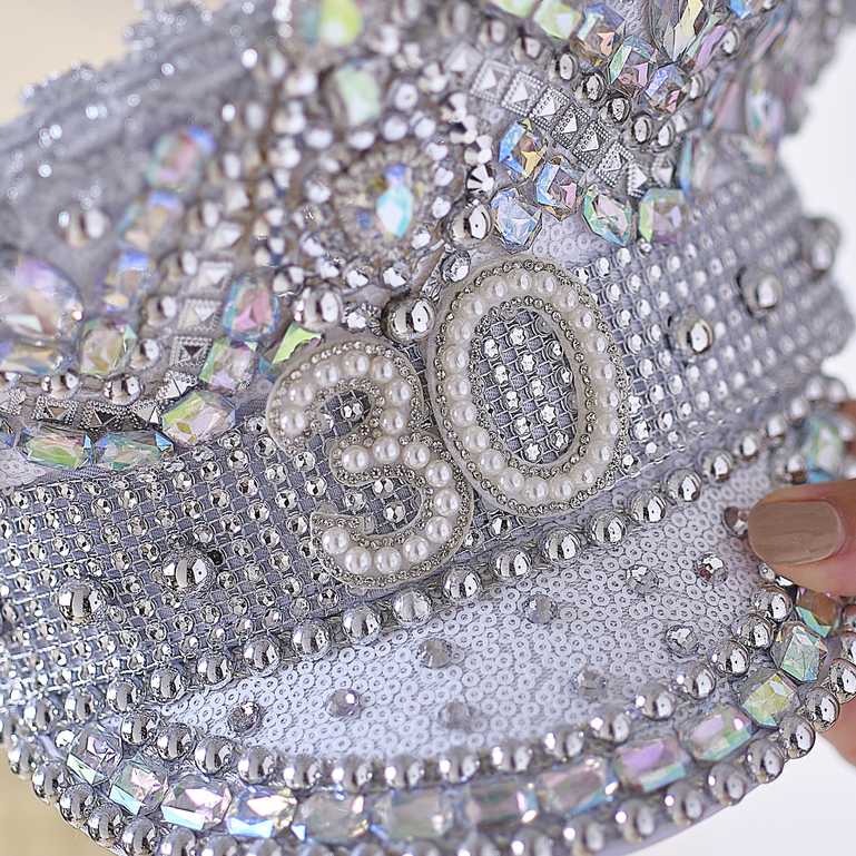 Silver Sequin & Pearl 30th Birthday Captains Hat