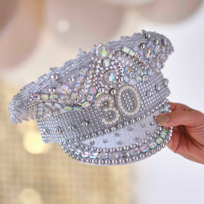 Silver Sequin & Pearl 30th Birthday Captains Hat