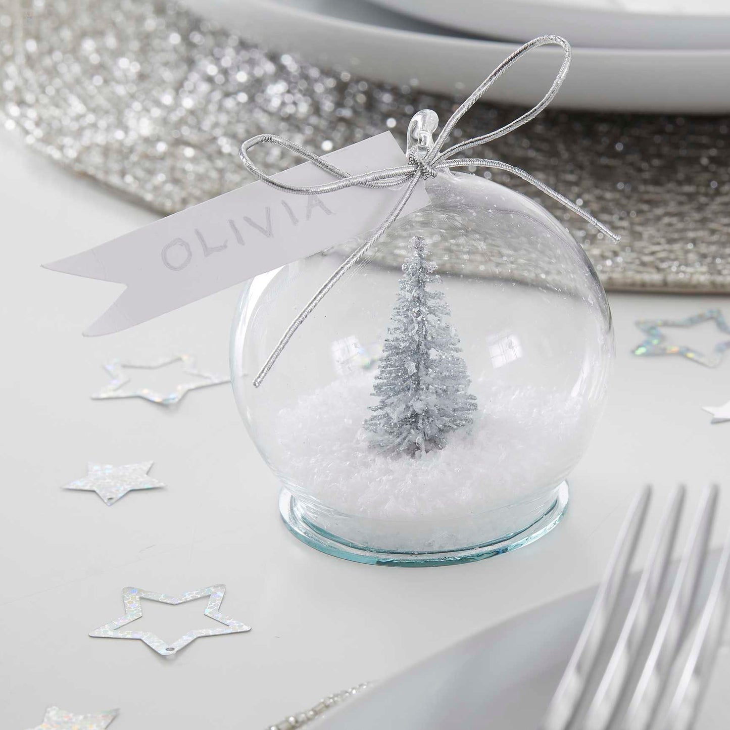 Silver Christmas Tree Snow Globe Name Place Card Holder